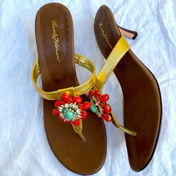 Beverly Feldman jeweled sandals heels gold turquoise size 11 - Picture 7 of 13